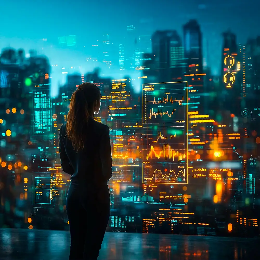Businesswoman observing a smart city dashboard with digital analytics visualisations over a night skyline.