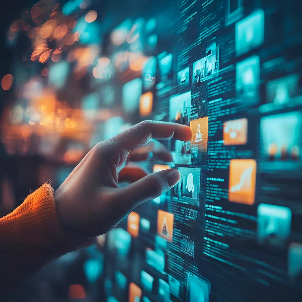 Hand interacting with a digital wall of floating profile and data panels.