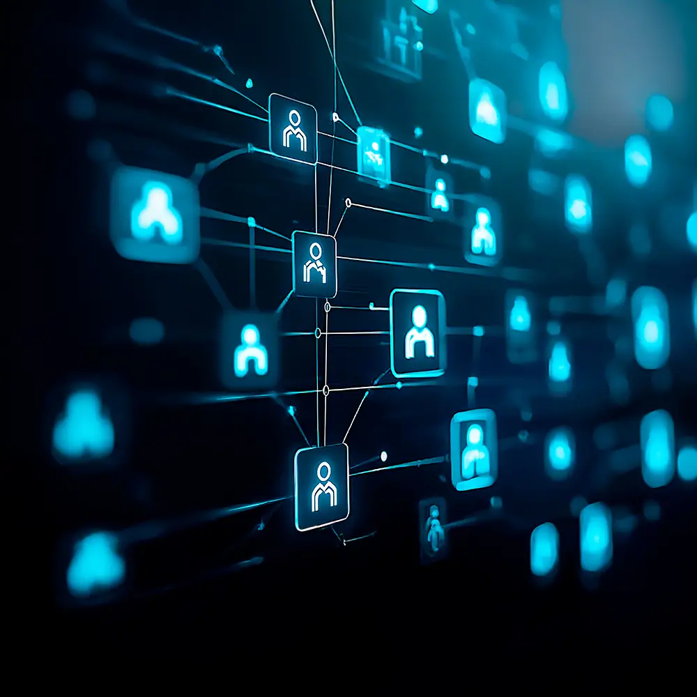 Digital network visualisation with interconnected customer icons glowing in blue tones