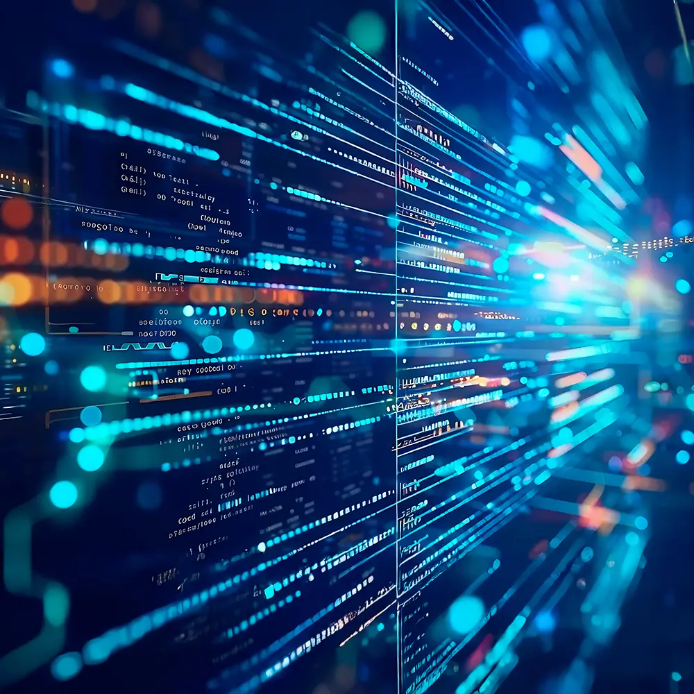 Abstract digital landscape with streams of data and glowing code lines.