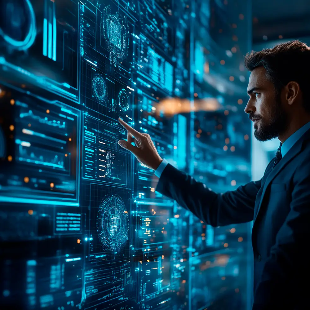 Man interacting with a large digital wall of data panels.