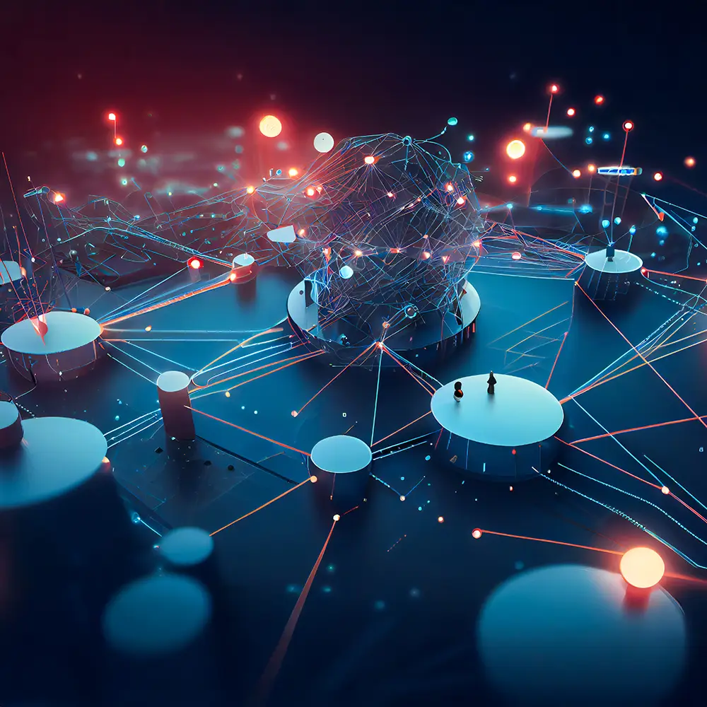 AI visualisation of a digital platform with interconnected nodes and data flows on a dark blue background.