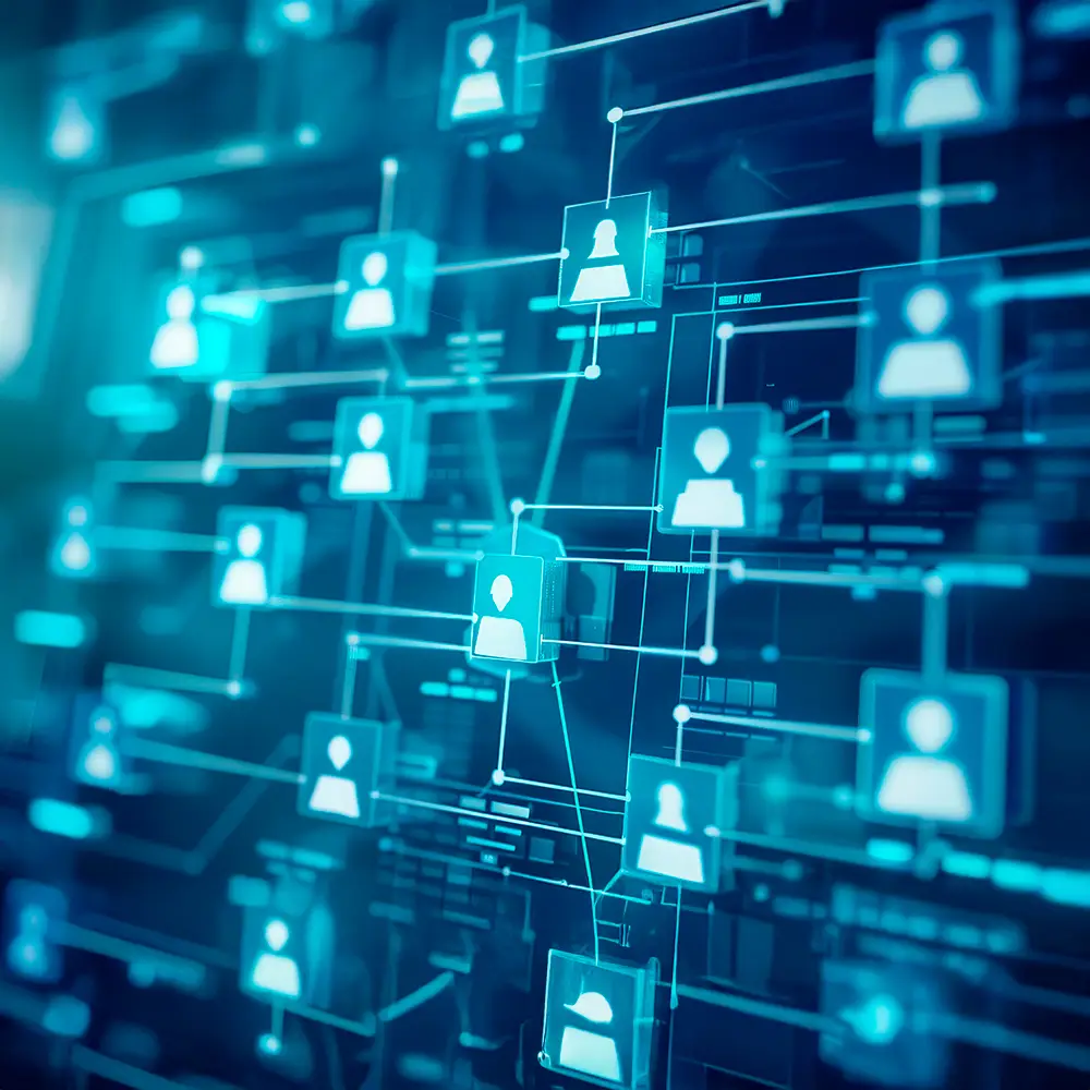 Abstract digital network with connected user profile icons.