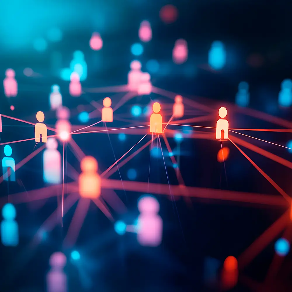 Digital network with glowing human-shaped icons connected by lines.
