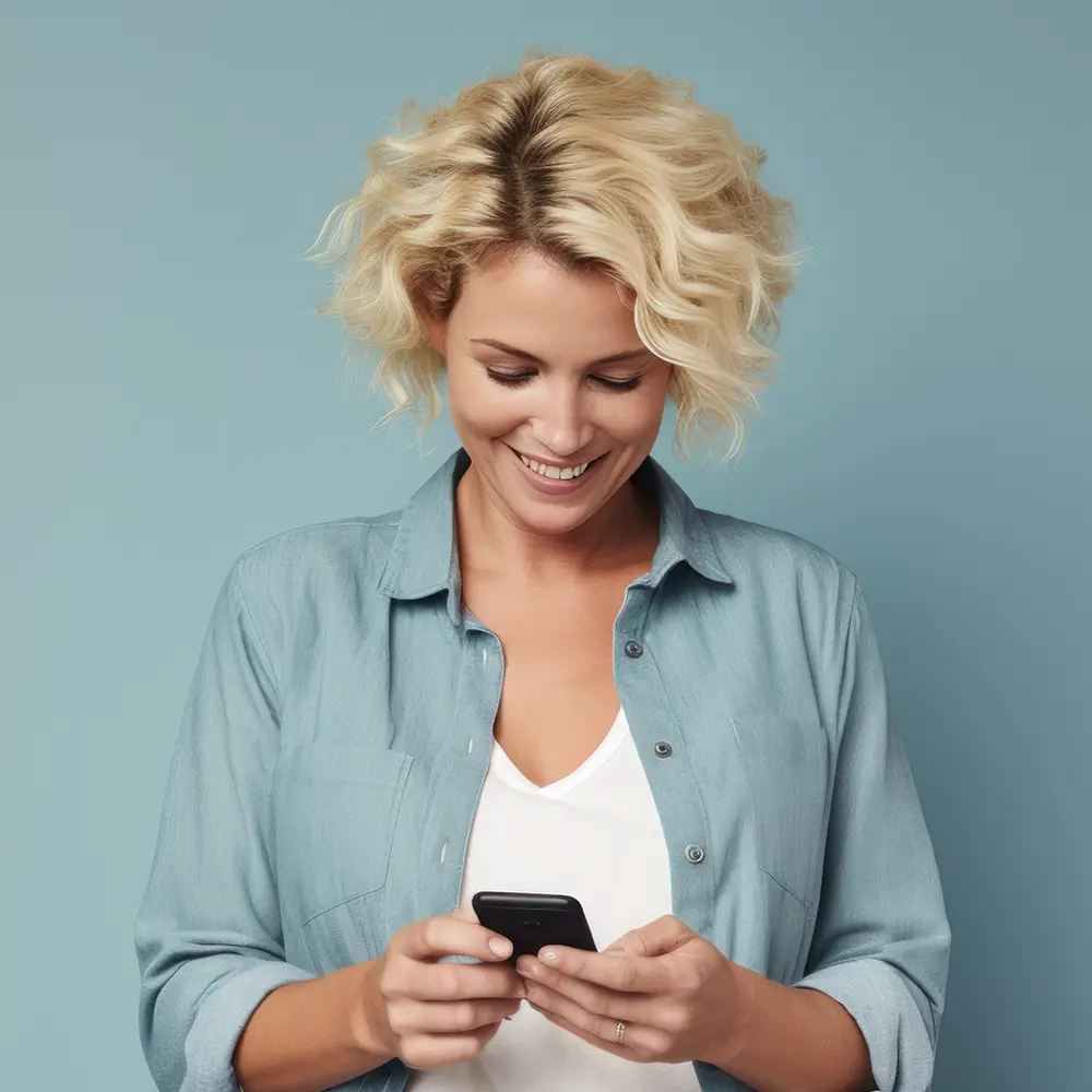 Smiling woman looking down at her smartphone against a soft blue background.