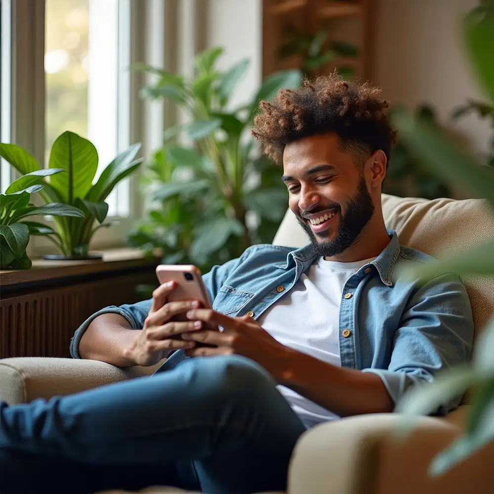 Smiling man sitting in a bright living room while looking at his smartphone.