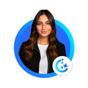 Portrait of a woman with long brown hair inside a blue circular frame.