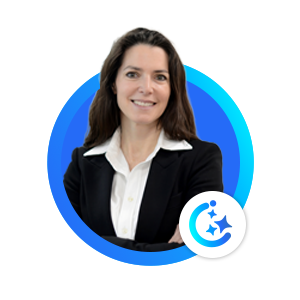 Portrait of a smiling woman in business attire inside a blue circular frame.